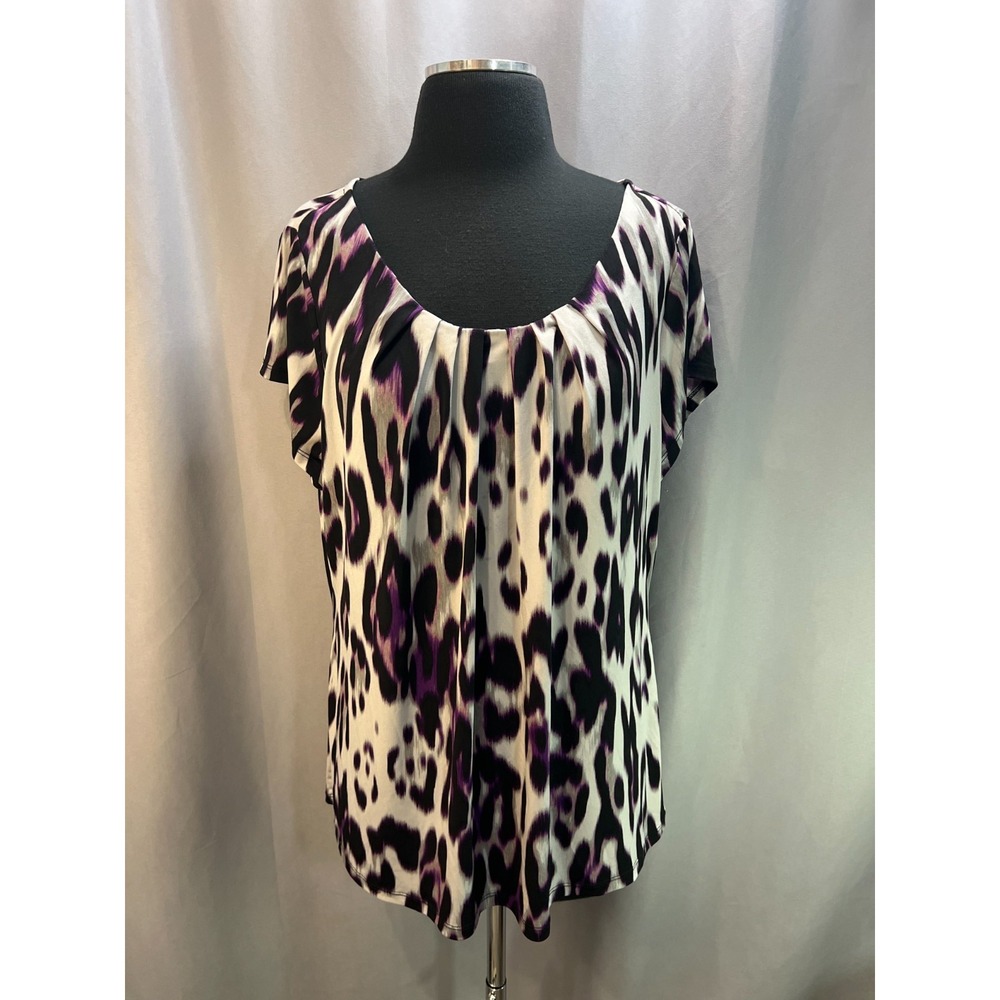 Worthington Blouse Top Womens 1X Multicolor Cheetah Print Scoop Neck Cap Sleeves
